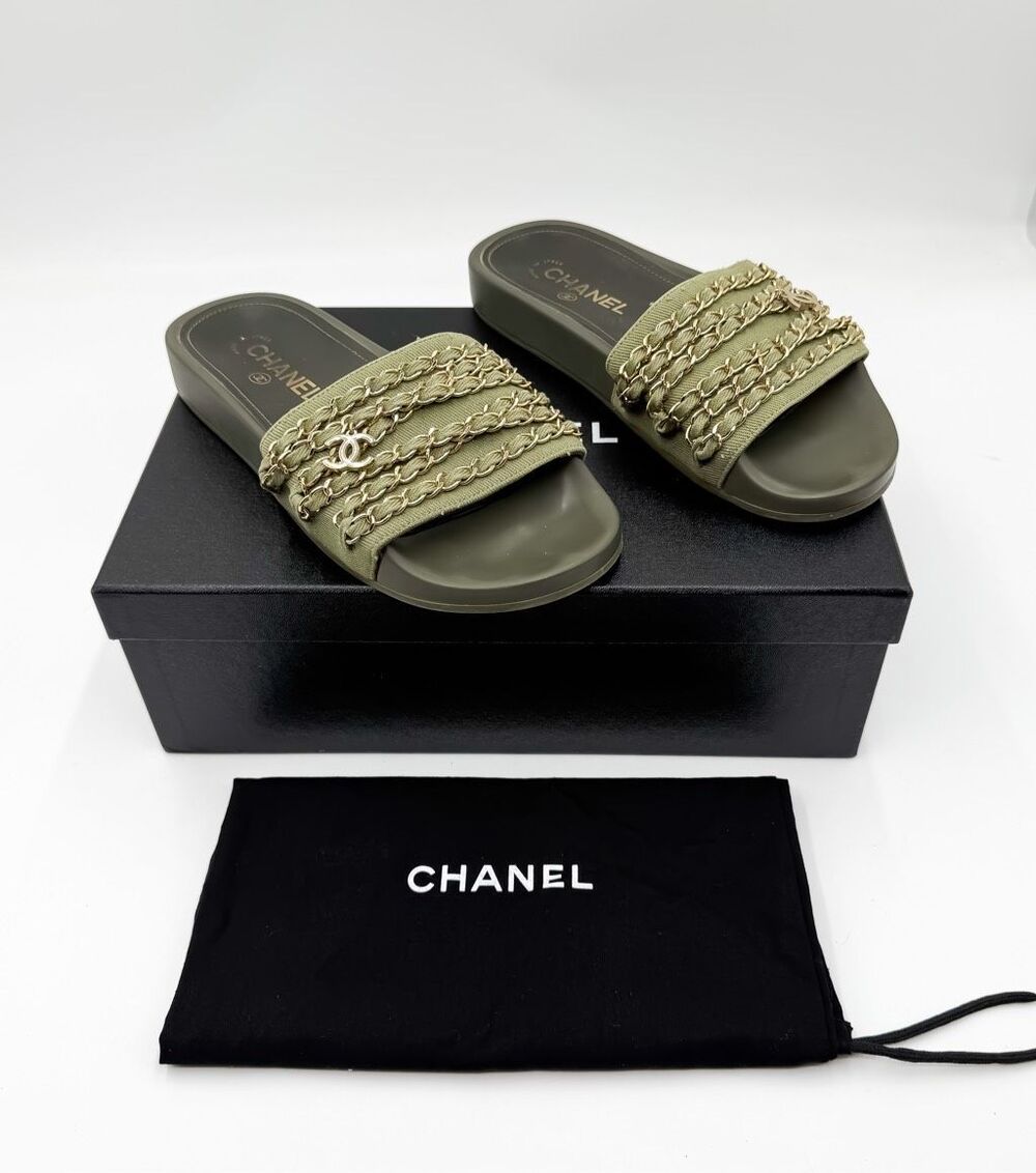 Chanel CC Chain Slide Sandals Size Eu 37 Green Khaki Canvas Slip On